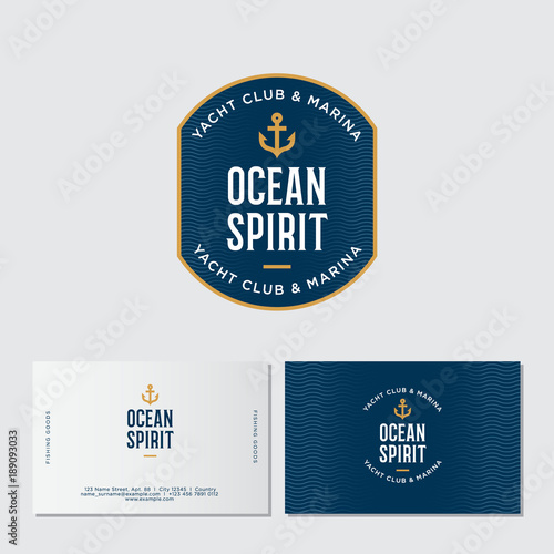 Yacht club logo. Ocean spirit emblem. Fisher Club emblem. Letters and an anchor on a blue badge with waves. Identity. Business card.