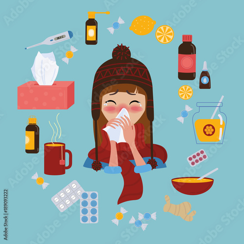 Young girl in red hat and scarf caught cold flu or virus. She has red nose, high temperature and holds napkin. Ways to treat illness. Pills, honey, tea, medicine. Vector isolated objects on background