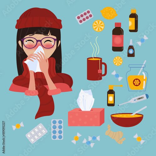 Young girl in red hat, scarf and glasses caught cold flu or virus. She has red nose, high temperature and holds napkin. Ways to treat illness. Pills, honey, tea, medicine. Vector isolated objects