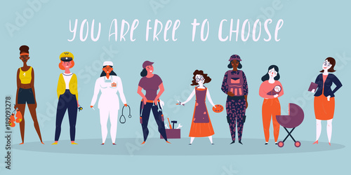 Set of women professions. Boxer, taxi driver, businesswoman, doctor, workwoman, worker, builder, mother, military woman, director. You are free to choose. For we can do it concept Vector illustration