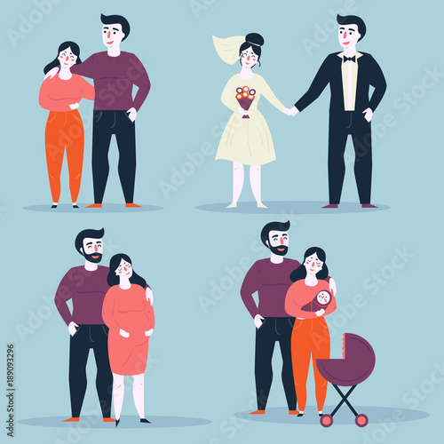 Steps or stages of happy family life. Aging. From girlfriend and boyfriend to marriage, husband, wife and pregnancy. Various situations of relationship. Man and woman through age. Vector illustration