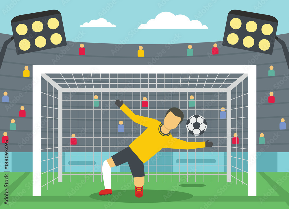 Fototapeta premium Soccer goalkeeper on stadium concept. Flat illustration of soccer goalkeeper on stadium vector banner horizontal concept for web