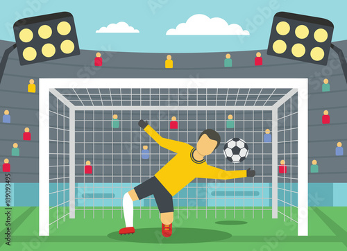 Soccer goalkeeper on stadium concept. Flat illustration of soccer goalkeeper on stadium vector banner horizontal concept for web