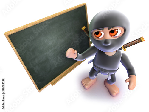 3d Funny cartoon ninja assassin standing at a blackboard