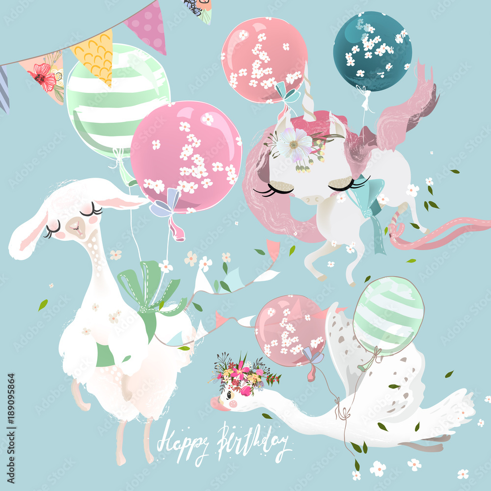 Cute flying baby animals - llama, alpaca, unicorn and swan. Llama with balloons, unicorn with tied bow and swan with festive flags. Happy Birthday clipart set