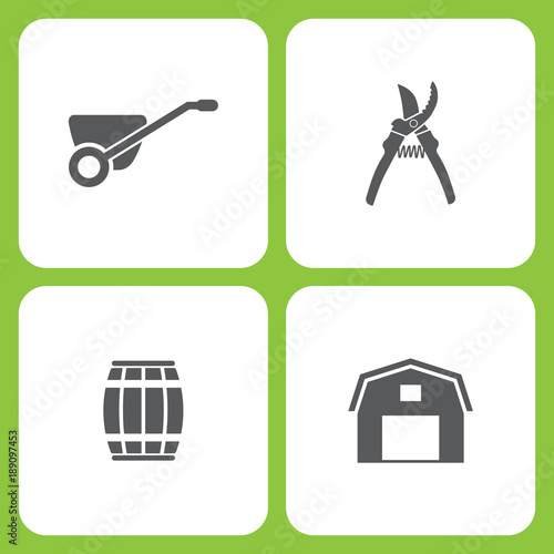 Vector Illustration Set Of Simple Farm and Garden Icons. Elements Wheelbarrow, garden pruner, barrel, hangar