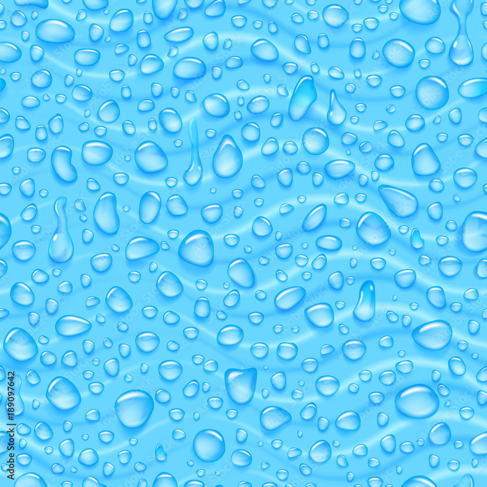 Seamless pattern of waves and water drops of different shapes with shadows in light blue colors