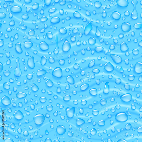 Seamless pattern of waves and water drops of different shapes with shadows in light blue colors