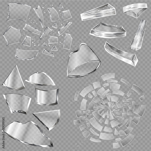 Broken glass vector sharp pieces of window and realistic shattered glassware or shattering debris of breaking mirror isolated on transparent background illustration backdrop