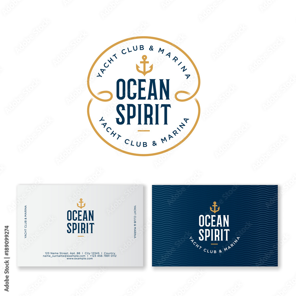 Obraz premium Yacht club logo. Ocean spirit emblem. Fisher Club emblem. Letters and an anchor on a blue badge with waves. Identity. Business card.
