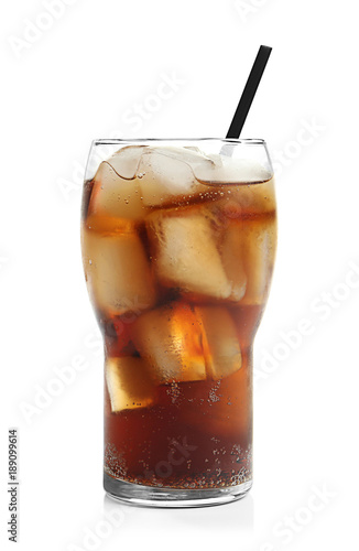 Cold cola in glass on white background