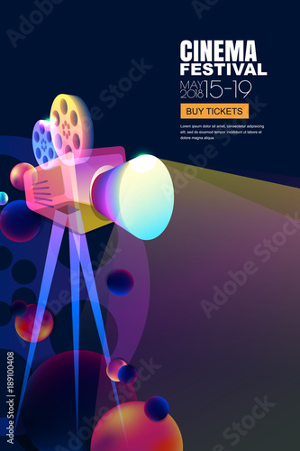 Vector film and movie concept. Neon glowing cinema festival poster or banner layout. 3d style abstract movie camera with film spotlight. Sale cinema theatre tickets and entertainment illustration.