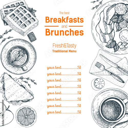 Breakfasts and brunches top view. Food menu design. Vintage hand drawn sketch vector illustration