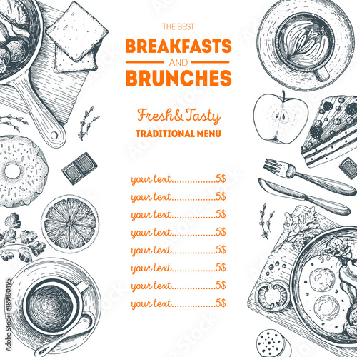Breakfasts and brunches top view. Food menu design. Vintage hand drawn sketch vector illustration