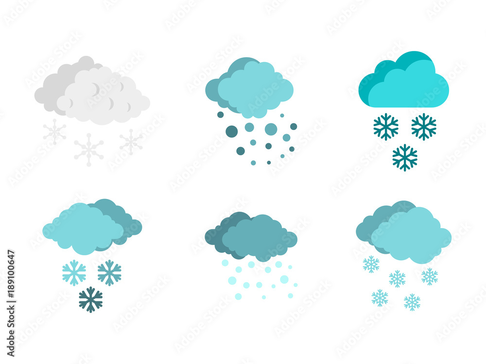 Snow cloud icon set, flat style Snow cloud icon set, flat style