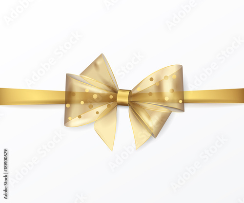 Elegant shiny golden ribbon and bow. Vector realistic element for your design of gift cards or invitations. Isolated from the background.