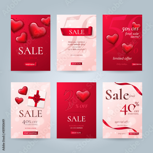 Set of elegant sale banners for Valentine’s day with hearts, ribbons, a gift box and a bow. Vector template for discount offers on the website with red and pink background. Isolated from a background.