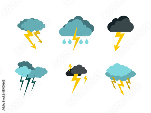 Storm cloud bolt icon set, flat style