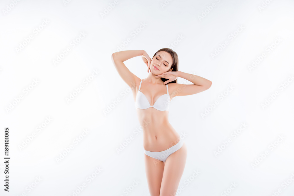 Aesthetic aroma aromatic therapy sensitive procedure tender clean clear concept. Portrait of attractive cute lovely with closed eyes woman enjoying smooth soft skin isolated on white background Aesthetic aroma aromatic therapy sensitive procedure tender clean clear concept. Portrait of attractive cute lovely with closed eyes woman enjoying smooth soft skin isolated on white background