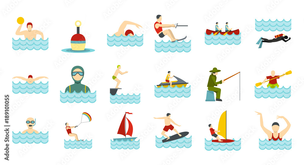 Water activities icon set, flat style