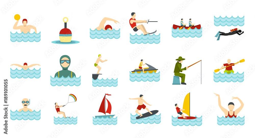 Water activities icon set, flat style Water activities icon set, flat style