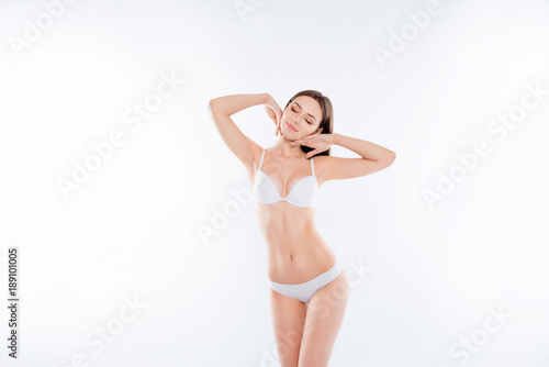 Aesthetic aroma aromatic therapy sensitive procedure tender clean clear concept. Portrait of attractive cute lovely with closed eyes woman enjoying smooth soft skin isolated on white background © deagreez