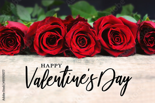 Happy Valentine's Day Typography with Roses in a Line on Rustic Wooden Background photo