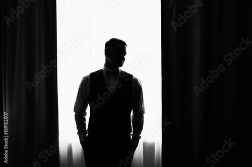 Business man portrait, successful businessman near window, work of future
