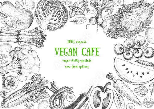 Healthy food frame vector illustration. Vegetables drawn. Organic products set. Farm market food collection. Vegan food.