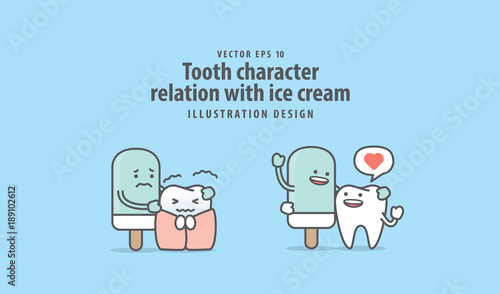 Tooth character relation with ice cream illustration vector on blue background. Dental concept.