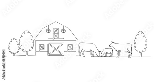 Continuous line drawing of farm, cow and calf