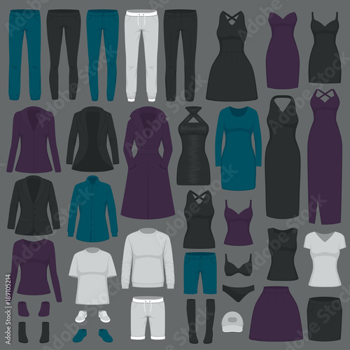 vector illustration of  set women fashion clothes, dress, shirt, shoes, jeans, jacket collection