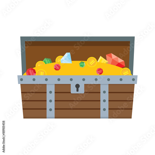 Wooden open treasure chest full of gold and jewels