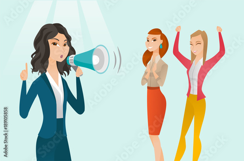Young caucasian white woman shouting into a megaphone at feminist protest action. Concept of feminism, feminist movement, protest, meeting, woman rights. Vector cartoon illustration. Horizontal layout