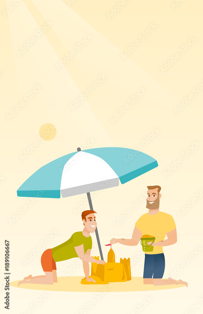 Young caucasian white men making a sand castle on the beach under beach umbrella. Happy friends building a sandcastle. Tourism and beach holiday concept. Vector cartoon illustration. Vertical layout.