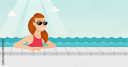Cheerful caucasian white woman relaxing in the swimming pool at resort. Happy smiling woman in sunglasses bathing in the swimming pool. Vector cartoon illustration. Horizontal layout.