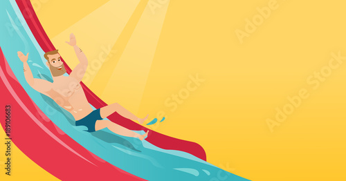 Young caucasian white man riding down a waterslide in aquapark. Man having fun on a water slide in waterpark. Cheerful man going down a water slide. Vector cartoon illustration. Horizontal layout.