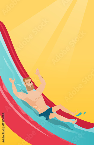 Young caucasian white man riding down a waterslide in aquapark. Happy man having fun on a water slide in waterpark. Cheerful man going down a water slide. Vector cartoon illustration. Vertical layout.