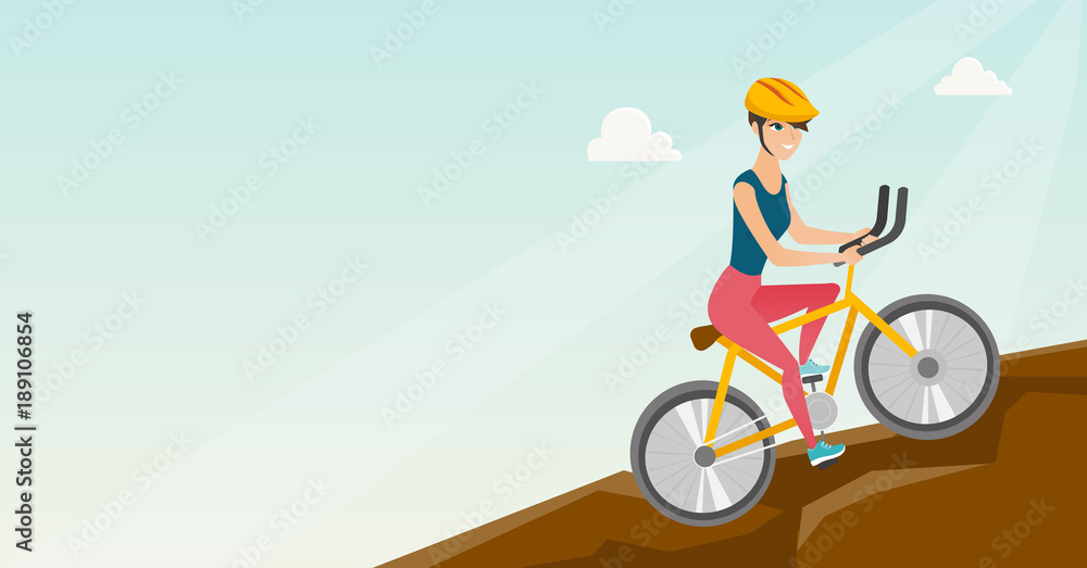 Young happy caucasian white traveler woman in helmet riding a mountain bike in the mountains. Vector cartoon illustration. Horizontal layout.