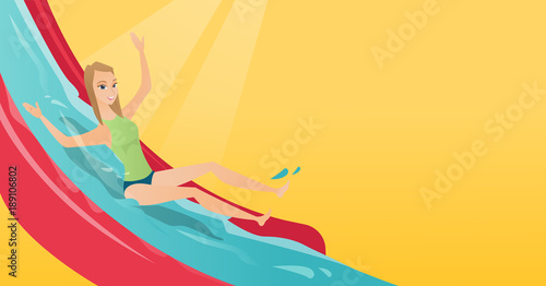 Young caucasian white woman riding down a waterslide in aquapark. Woman having fun on a water slide in waterpark. Happy woman going down a water slide. Vector cartoon illustration. Horizontal layout.