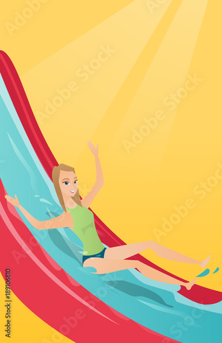 Young caucasian white woman riding down a waterslide in aquapark. Woman having fun on a water slide in waterpark. Cheerful woman going down a water slide. Vector cartoon illustration. Vertical layout.