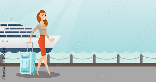 Young caucasian white passenger walking on the background of cruise liner. Happy passenger with a suitcase goes to a cruise liner along the station. Vector cartoon illustration. Horizontal layout.