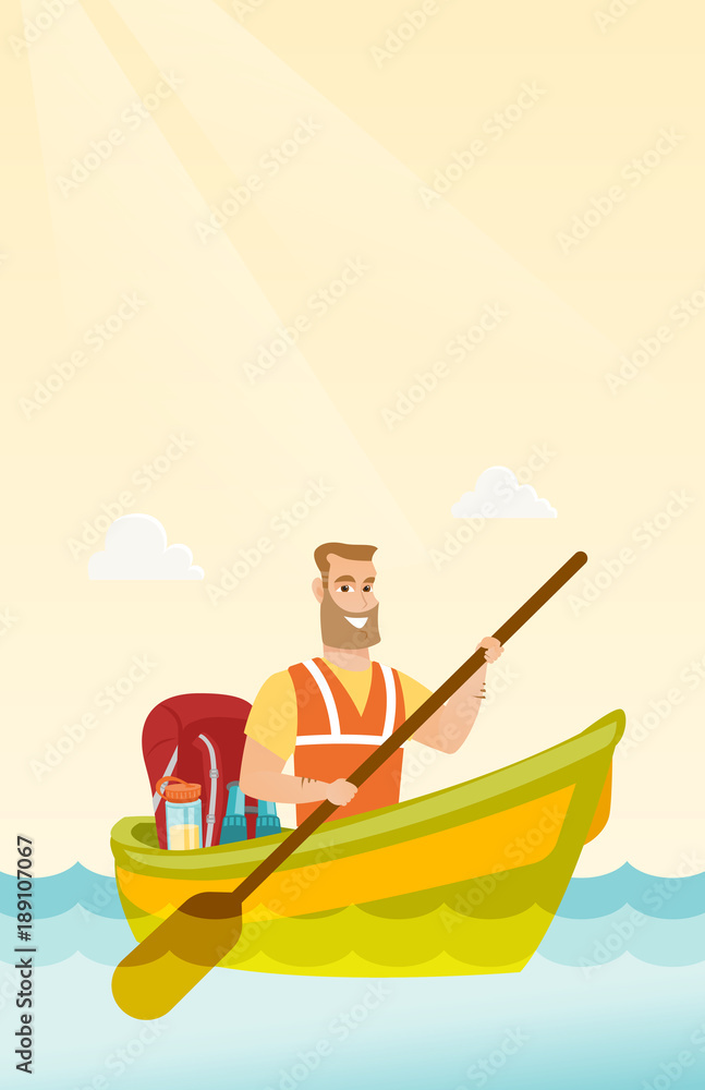Young caucasian white traveler man riding a kayak on the river. Cheerful traveler man traveling by kayak. Concept of travel and tourism. Vector cartoon illustration. Vertical layout.