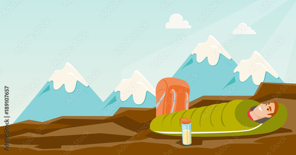 Young caucasian white man sleeping in a sleeping bag during a hike in the mountains. Smiling man laying on the ground wrapped up in a mummy sleeping bag. Vector cartoon illustration. Horizontal layout Young caucasian white man sleeping in a sleeping bag during a hike in the mountains. Smiling man laying on the ground wrapped up in a mummy sleeping bag. Vector cartoon illustration. Horizontal layout