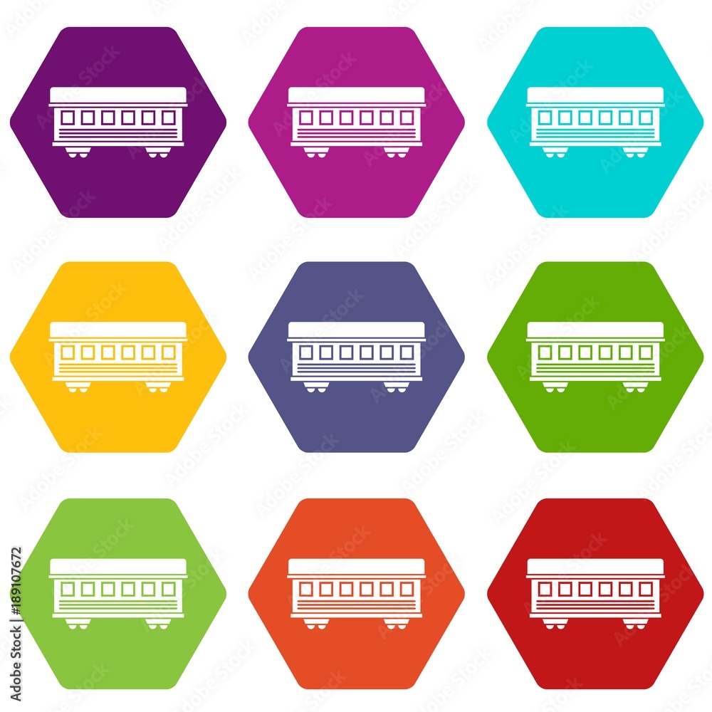 Passenger train car icon set color hexahedron Passenger train car icon set color hexahedron