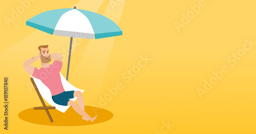 Young caucasian white man sitting on the chaise-longue under beach umbrella. Happy man resting on the chaise-longue with folded arms behind his head. Vector cartoon illustration. Horizontal layout.