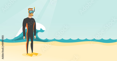 Young caucasian white scuba diver in diving suit, flippers, mask and tube standing on the background of wave. Full length of scuba diver on the beach. Vector cartoon illustration. Horizontal layout.