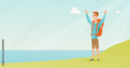 Young caucasian white tourist with a backpack standing on the cliff with raised hands and enjoying the scenery. Happy tourist hiking in the mountains. Vector cartoon illustration. Horizontal layout.