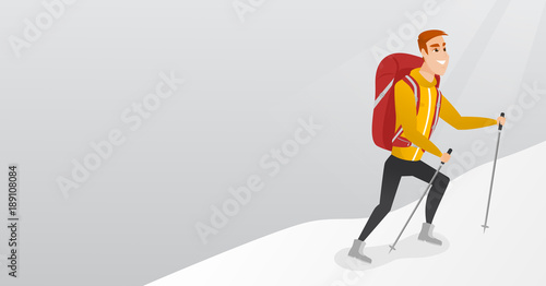Caucasian white mountaineer climbing a ridge with help of hiking poles. Young mountaineer with a backpack and trekking poles walking up along a ridge. Vector cartoon illustration. Horizontal layout.