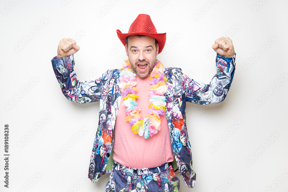 young male man drunk photo booth posing white background props hat